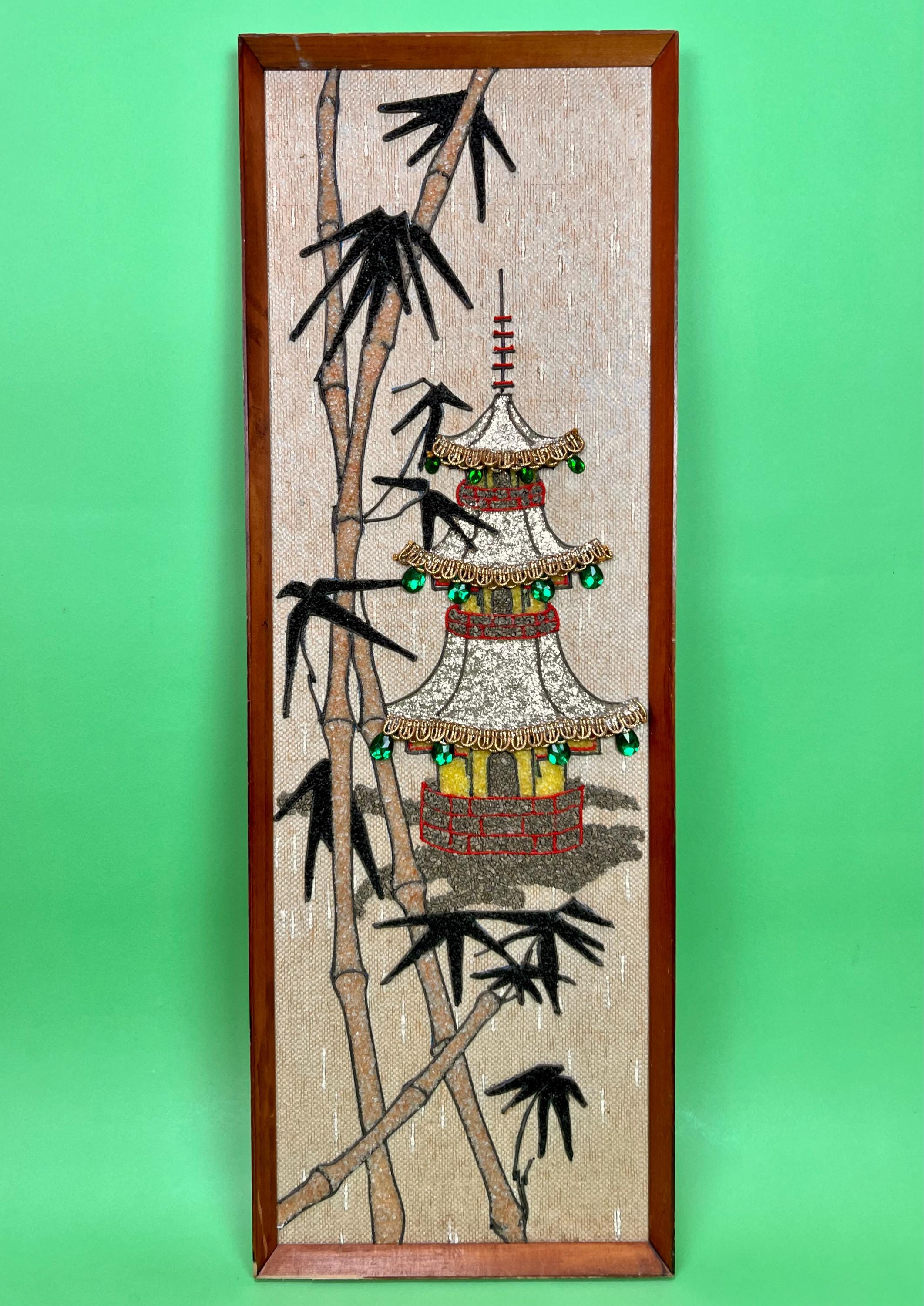 Vintage Mid Century Pagoda and Bamboo Gravel Art with Gemstones | Vintage Kitsch Decor | Mid Century Asian Decor | Mid Century Kitsch Art