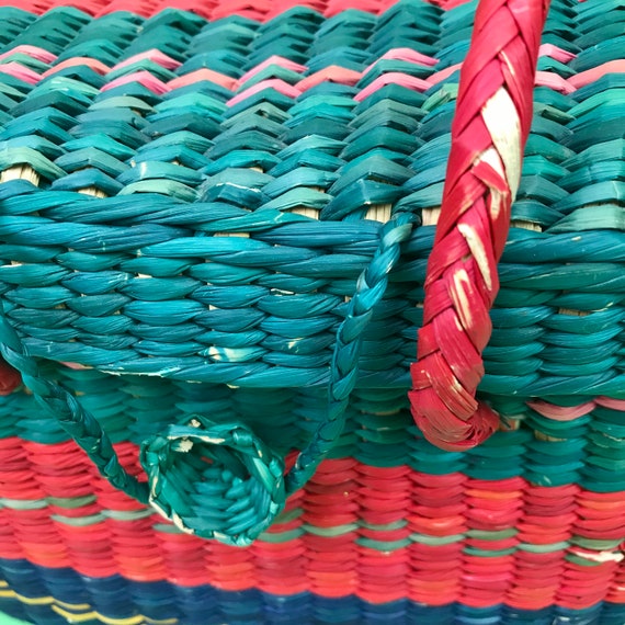 Vintage Green Pink Blue Woven Straw Basket Purse … - image 10
