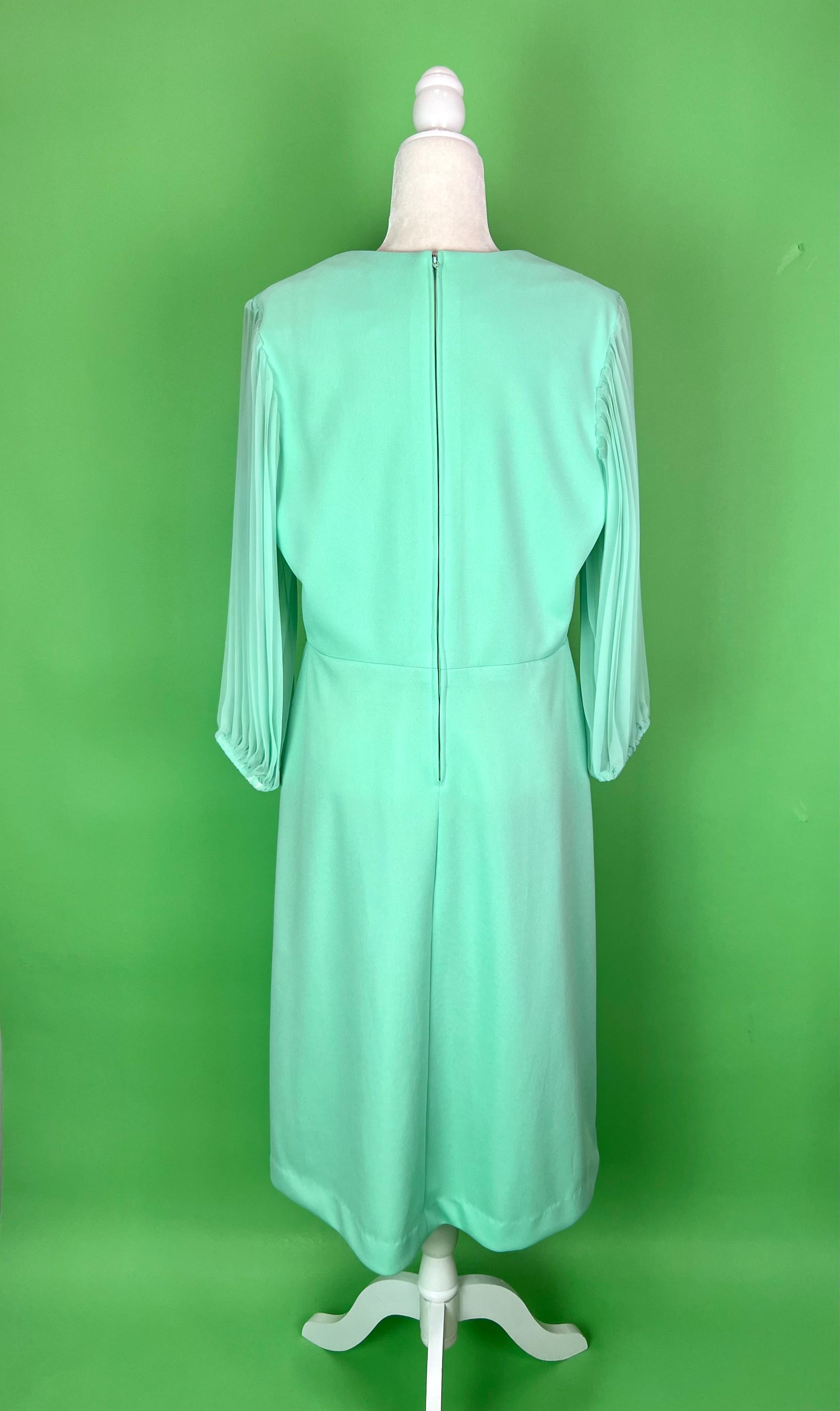 women's seafoam green dress Vintage 70s Turquoise with Rhinestones and Sheer Balloon Sleeves mint green prom dress