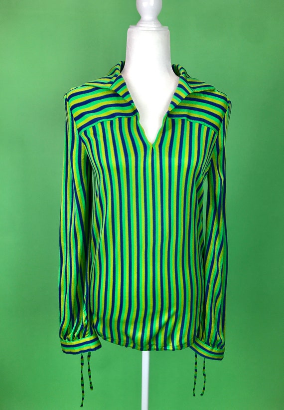 Vintage 60s/70s Blue and Green Striped Knit Hippi… - image 7
