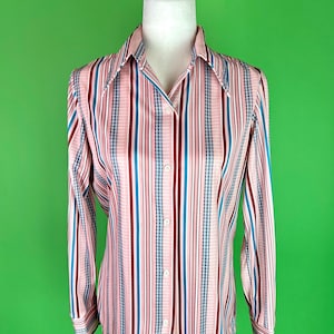 Vintage 70s Mauve and Blue Striped Disco Shirt - Size S/M | Vintage 70s Kitschy Shirt | 70s Disco Blouse | Mod Power Clashing Shirt