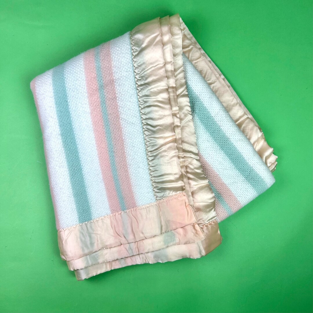 Vintage Pastel Satin Trimmed Blanket Twin Size Vintage Fieldcrest Touch