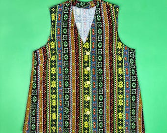 Vintage Jeansweste im Südwest-Stil mit geometrischen Streifen – Größe L