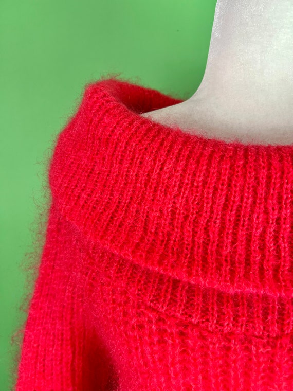 Vintage Neon Coral Mohair Sweater with Large Cowl… - image 2