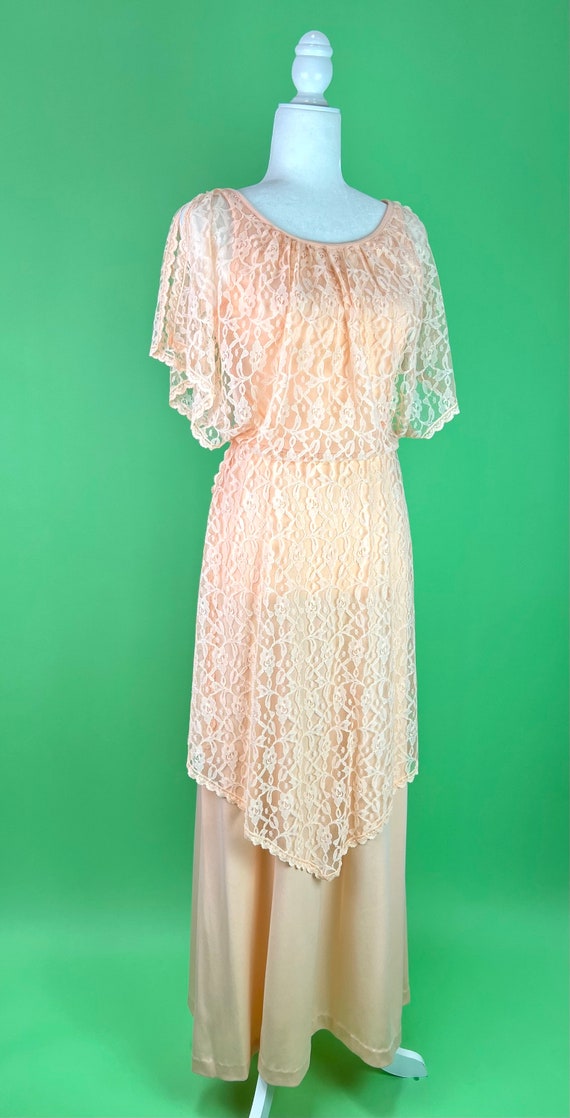 Vintage 70s Peach Lace Goddess Dress - Size Small… - image 3