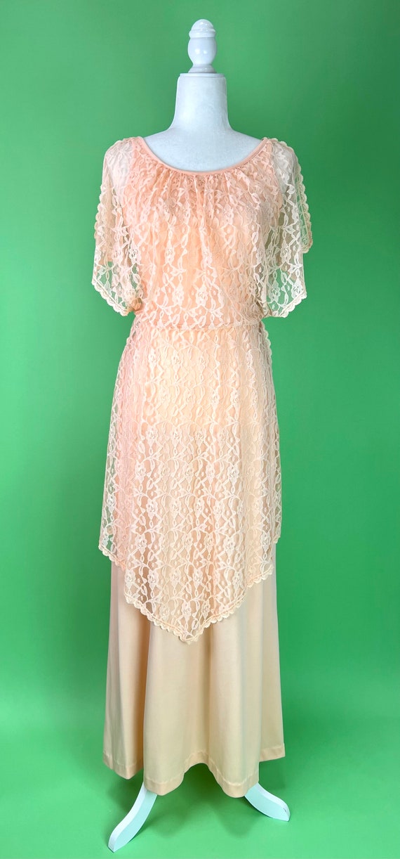 Vintage 70s Peach Lace Goddess Dress - Size Small… - image 2