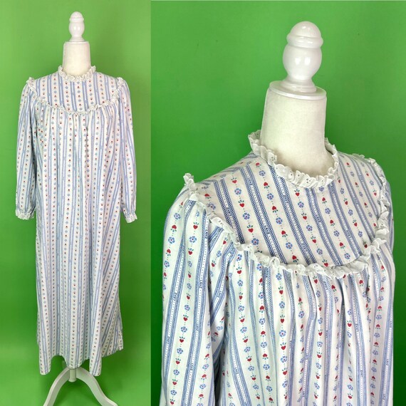 Vintage Lanz of Salzburg Flannel Nightgown Size Medium Blue Floral