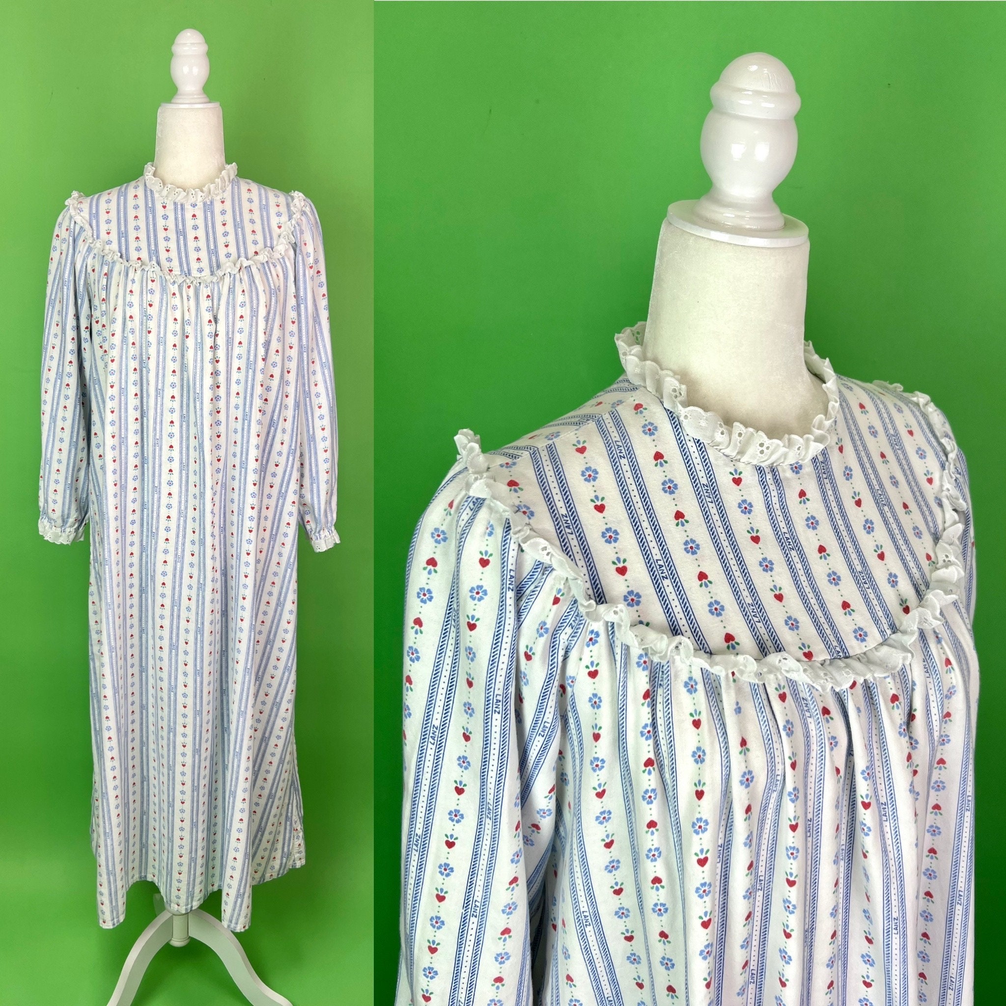 Vintage Lanz of Salzburg Flannel Nightgown Size Medium Blue Floral Hearts and Stripes Nightgown Grannycore Prairiecore Cottagecore
