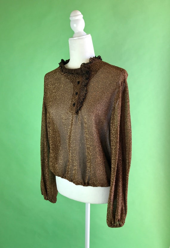 Vintage 70s/80s Metallic Bronze Sheer Blouse with… - image 5