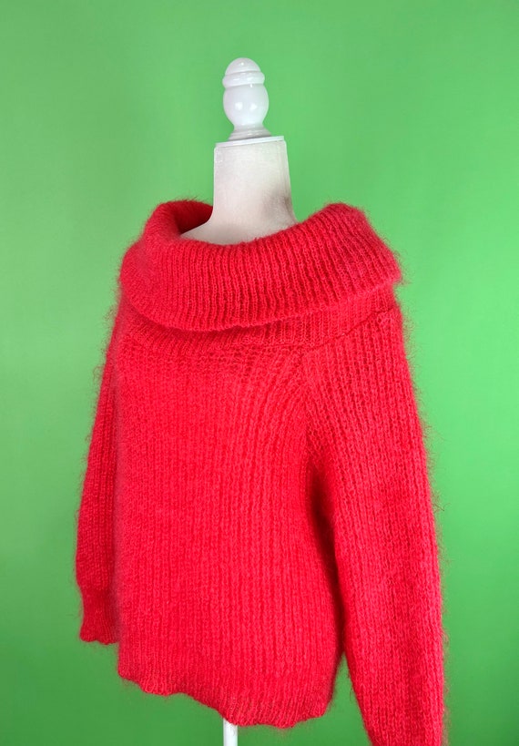 Vintage Neon Coral Mohair Sweater with Large Cowl… - image 6