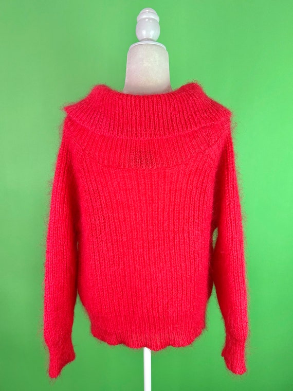Vintage Neon Coral Mohair Sweater with Large Cowl… - image 5