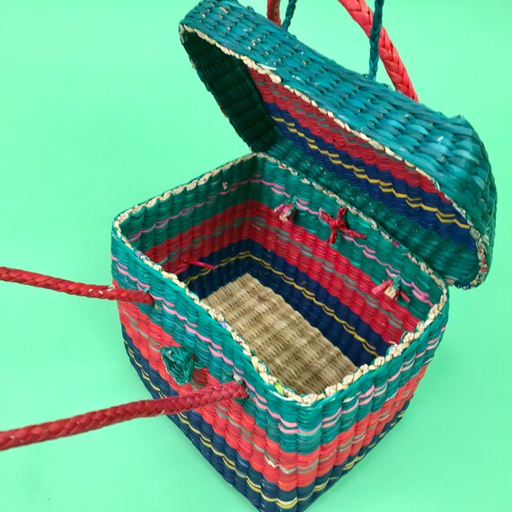 Vintage Green Pink Blue Woven Straw Basket Purse … - image 5