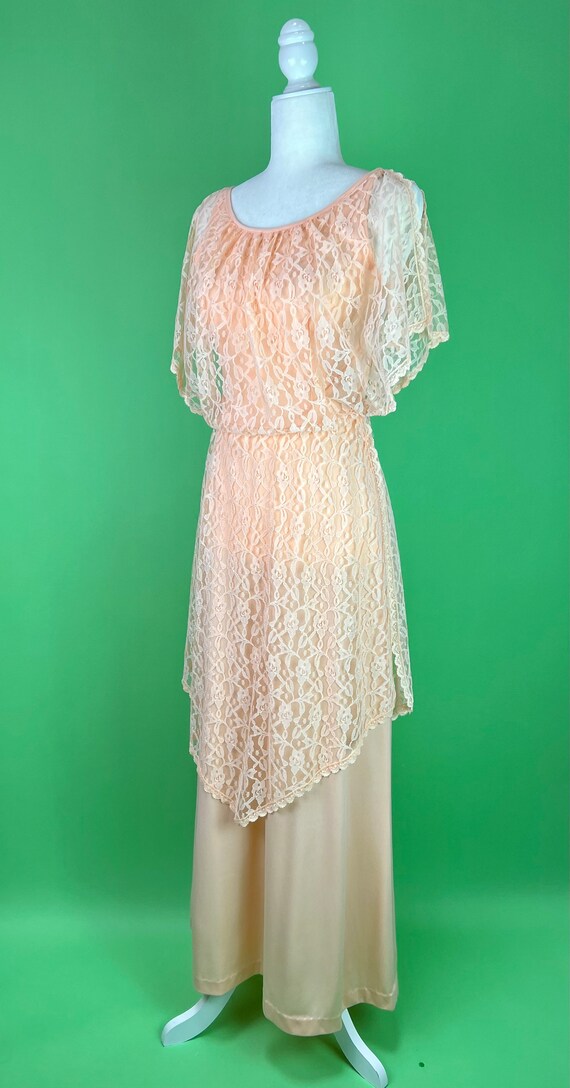 Vintage 70s Peach Lace Goddess Dress - Size Small… - image 9