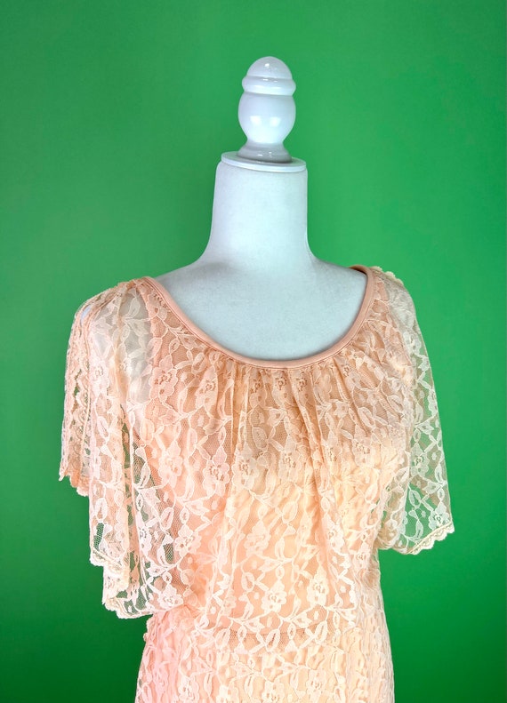 Vintage 70s Peach Lace Goddess Dress - Size Small… - image 4