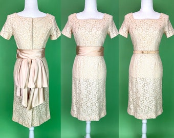Vintage 60s Ivory Lace Dress with Satin Cummerbund Bustle, Simple Bridal Wedding - Size XXS/XS