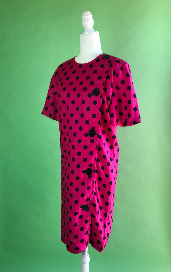 Vintage 80s Pink and Black Polka Dot Linen Dress … - image 3