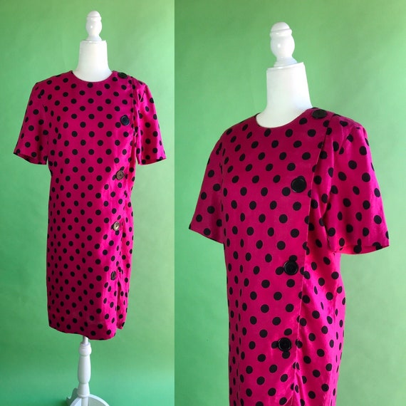 Vintage 80s Pink and Black Polka Dot Linen Dress … - image 1