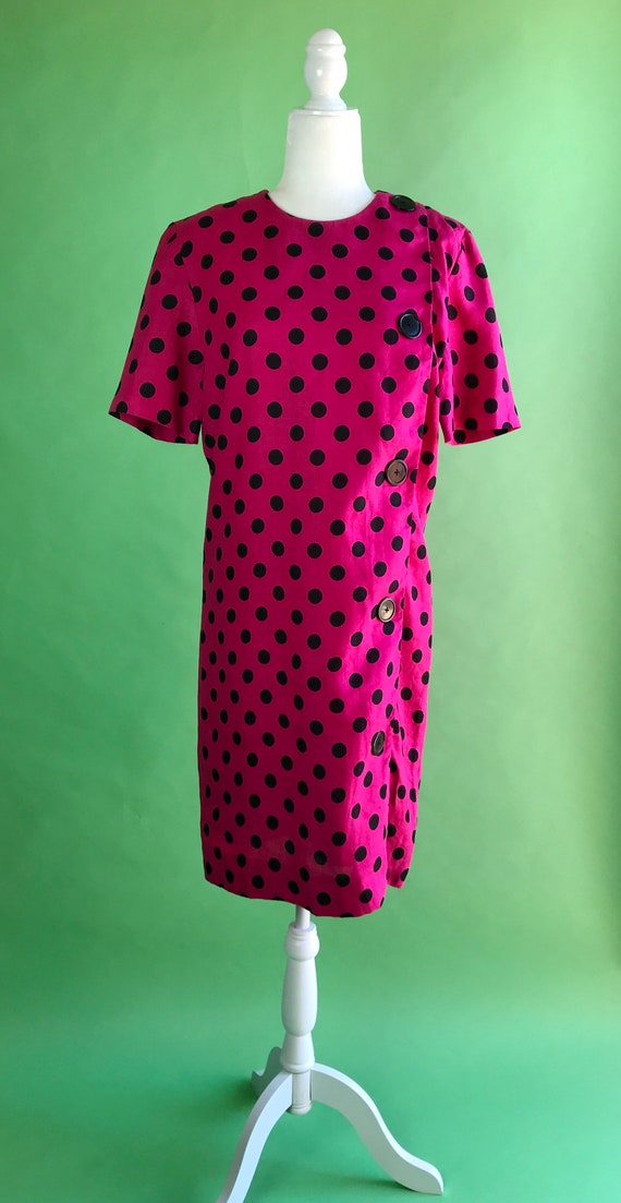 Vintage 80s Pink and Black Polka Dot Linen Dress … - image 2