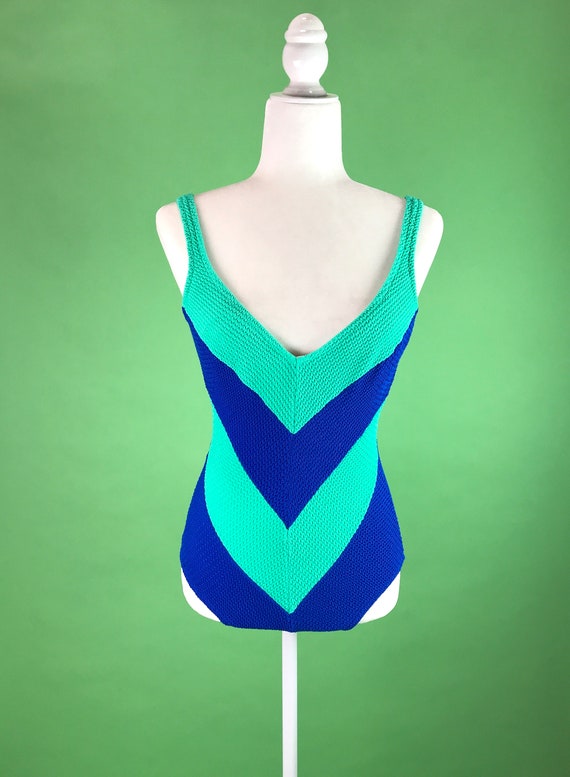 Vintage 70s Blue and Green Chevron Swimsuit - Size