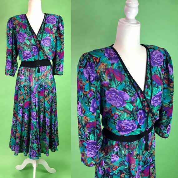 Vintage 80s Diane Freis Bold Dark Floral Pleated … - image 1