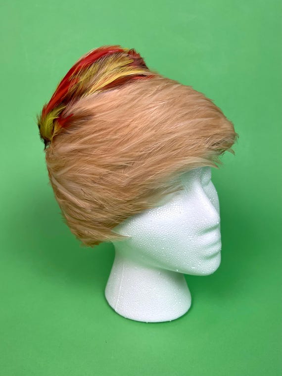 Vintage 50s 60s Brown Orange Yellow Feather Pillbox Hat 