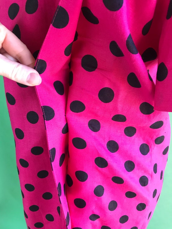 Vintage 80s Pink and Black Polka Dot Linen Dress … - image 8