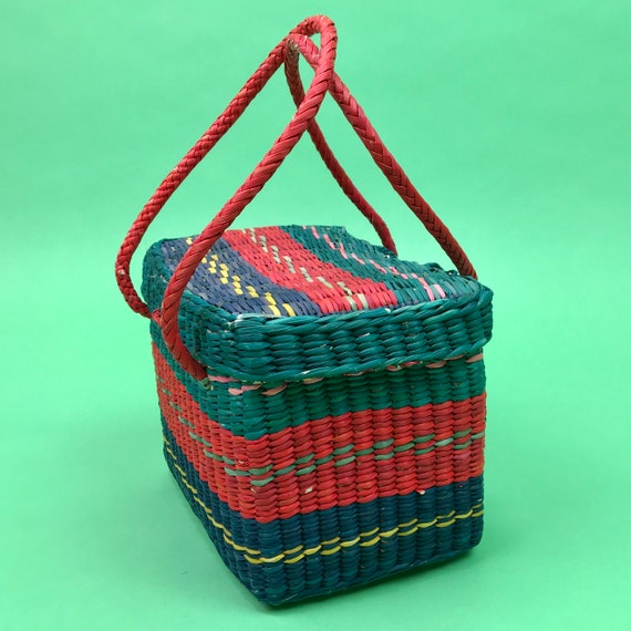 Vintage Green Pink Blue Woven Straw Basket Purse … - image 7