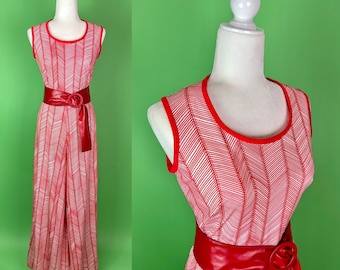 Vintage 70s Red and White Striped Wide Leg Jumpsuit - Size XS | Christmas Candy Cane Jumpsuit | Vintage Christmas Outfit | 70s Mod Jumpsuit