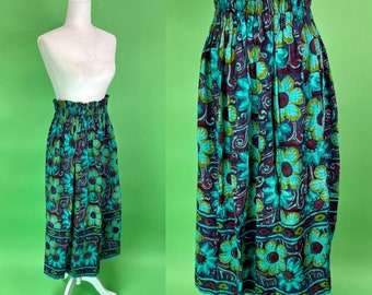 Vintage Blue Floral Block Print Cotton Skirt with Bunched Waist - Size S/M/L | Vintage Flower Power Hippie Skirt