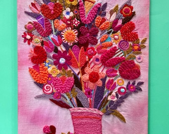 Vintage Fanciful Flowers Crewel Embroidery Wall Art | 70s Pink Floral Crewel Wall Hanging | Cottagecore Decor Vintage Boho Eclectic Decor