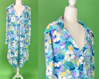 Vintage 70s Pastel Flower Power Shirtdress - Size L/XL | Vintage 70s Floral Dress | Vintage Blue Spring Pastel Daisy Dress