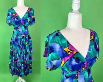 Vintage 80er/90er Jahre Abstraktes Tropisches Kleid - Größe S/M | Vintage Jewel Tone Urlaubskleid Leichtes Frühlingskleid Sommerkleid