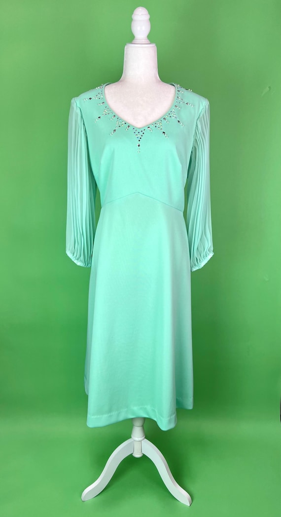 Vintage 70s Seafoam Green Turquoise Dress With Rhinestones and Sheer  Balloon Sleeves - Size Large - Etsy Australia