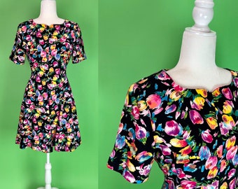 Vestido Vintage 80s Tulipanes - Talla XS/S / Vintage 80s Rainbow Floral Party Dress / Little Black Floral Dress / Vintage Spring Dress