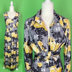 Vintage 70s Sparkly Metallic Lurex Yellow Roses Maxi Dress and Jacket - Size Medium | 70s Long Floral Lurex Dress Disco Dress and Jacket