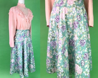 Vintage Laura Ashley Pastel Floral Skirt - Size Small | Pastel Green Laura Ashley Floral Skirt | Vintage Soft Floral Garden Party Skirt