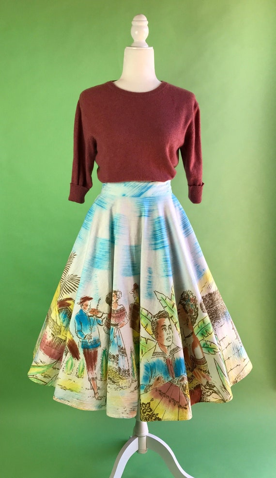 1950s Black Gold Orchid Print Mexican Skirt | XS/S/M