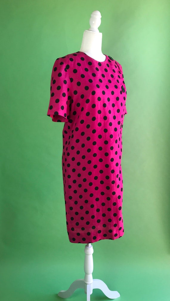 Vintage 80s Pink and Black Polka Dot Linen Dress … - image 7