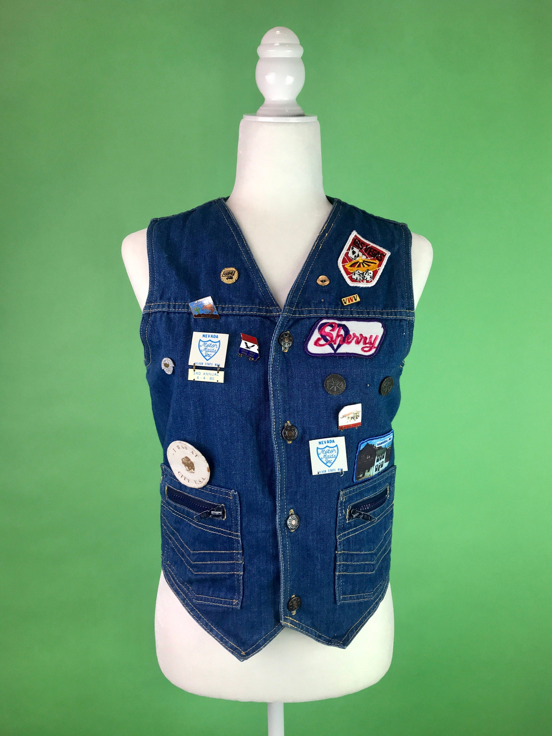 RARE! 80s Motorcycle Vest Denim Patches Pins Sweet Orr Mens