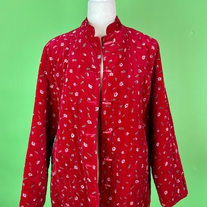 Vintage 70s Red Floral Quilted Velvet Jacket - Size XL | Vintage Quilted Jacket Mandarin Collar | 70s Boho Velvet Jacket Valentine&#39;s Day