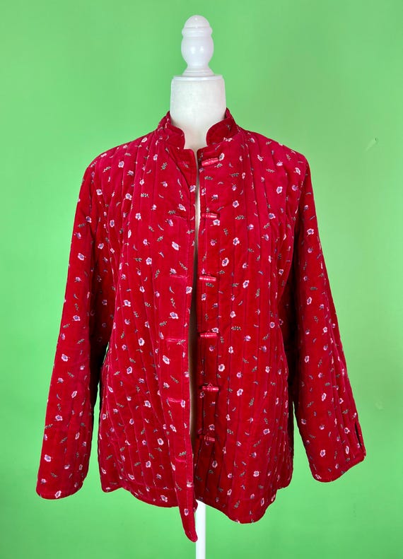 Vintage 70er Jahre Rote Floral Gesteppte Samt Jacke Größe XL
