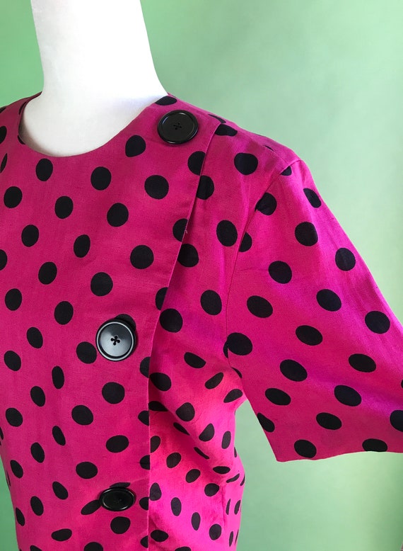 Vintage 80s Pink and Black Polka Dot Linen Dress … - image 4