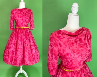Vintage 1950s Pink Floral Chiffon Party Dress - Size Small | 50s Pink Fit and Flare Dress Pink Tea Dress Rockabilly Pin Up Girl Dress