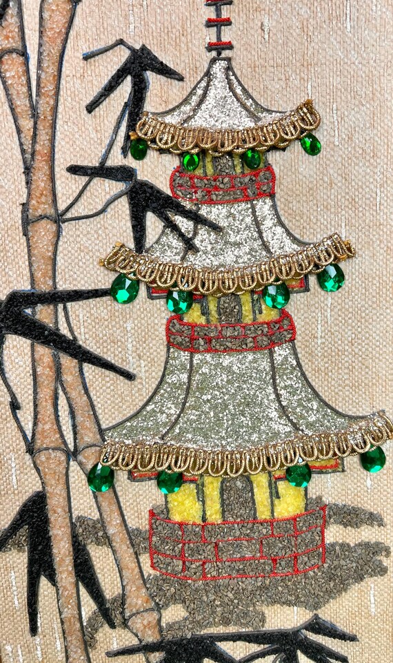 Vintage Mid Century Pagoda and Bamboo Gravel Art With Gemstones