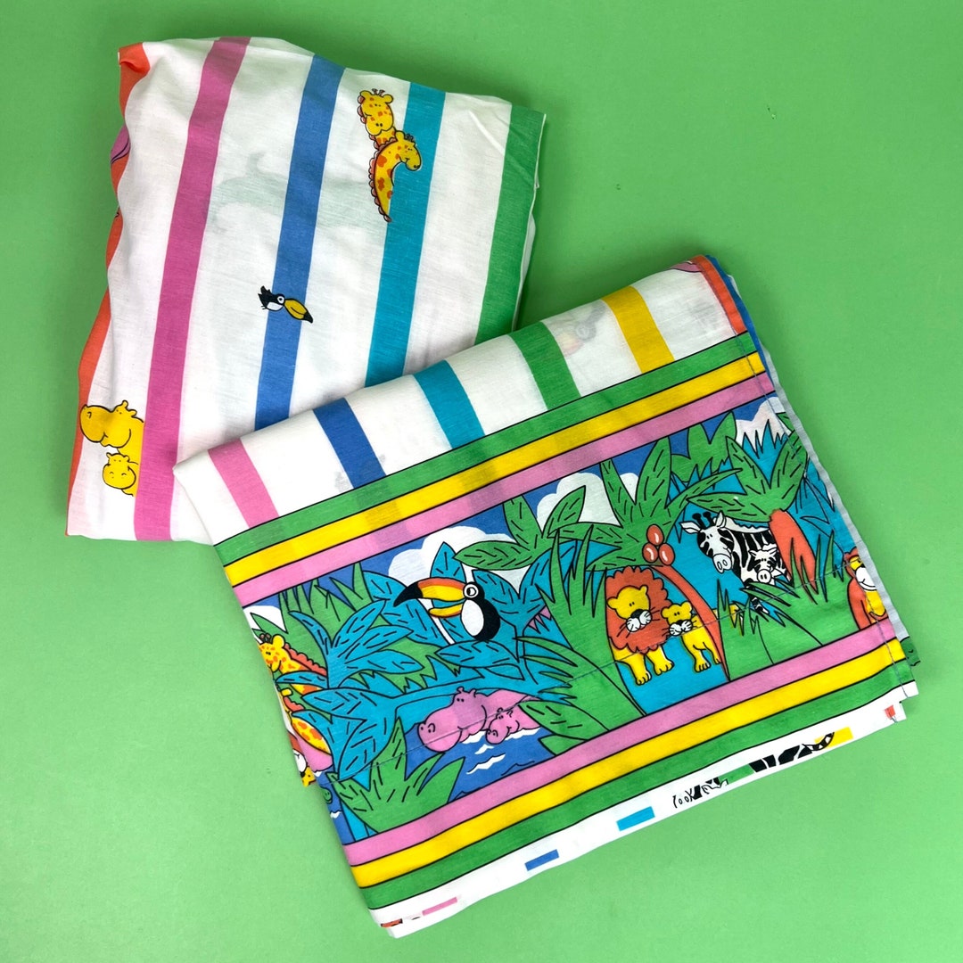 Vintage Colorful Striped Zoo Animal Sheet Set Twin Size Etsy