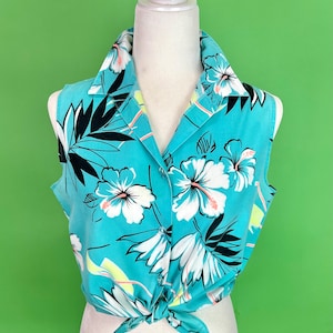 Vintage 80s Sleeveless Turquoise Hawaiian Shirt - Size Medium | 80s Hawaiian Shirt | Vintage Tropical Palm Fronds Shirt 80s Miami Vice Shirt