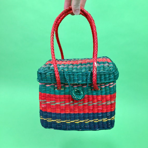 Vintage Green Pink Blue Woven Straw Basket Purse … - image 2