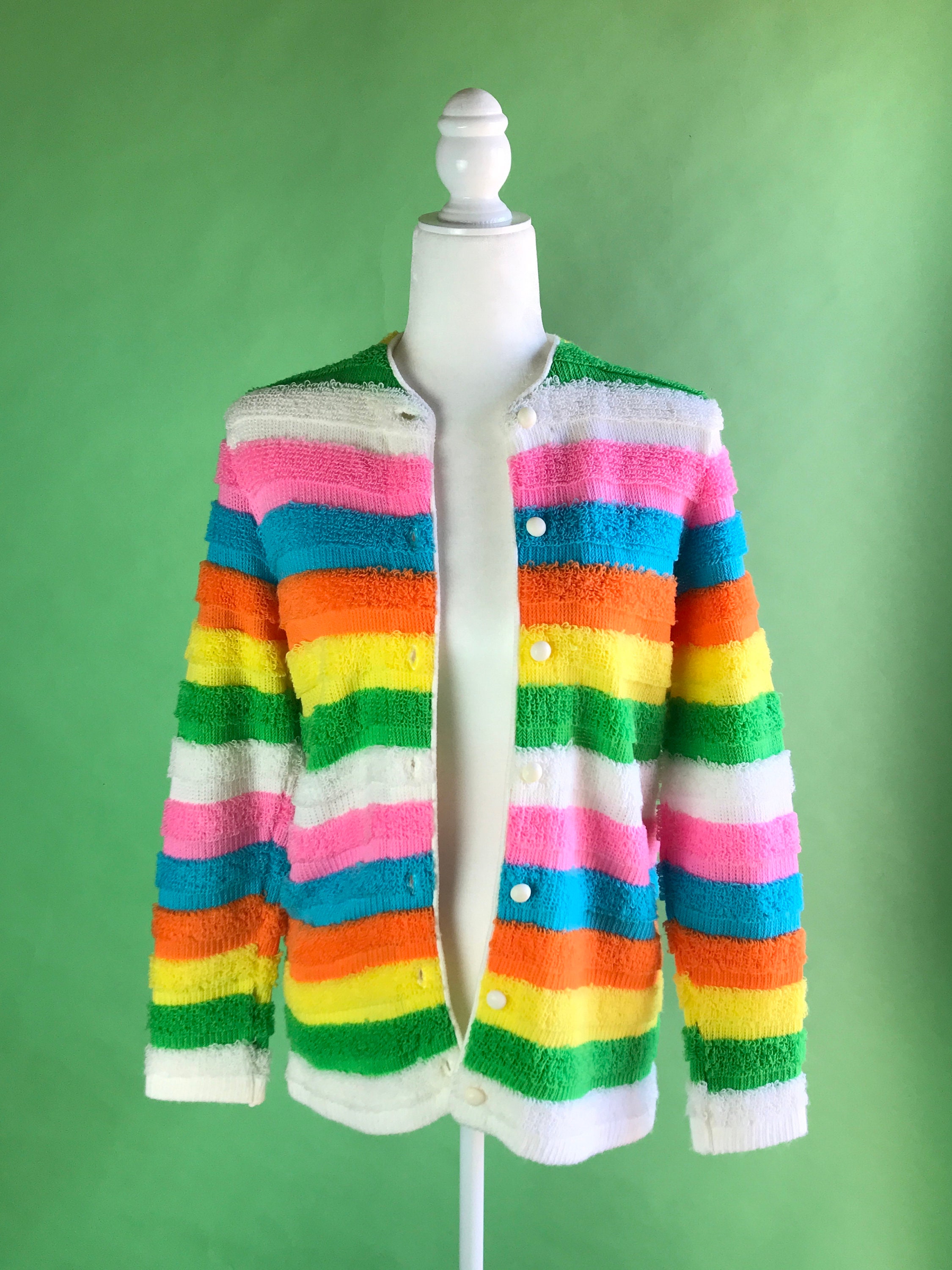 TheApplecartVintage Vintage 60s Candy Striped Loopy Cardigan Sweater - Size Medium | Vintage Rainbow Sweater | Candy Color Striped Sweater