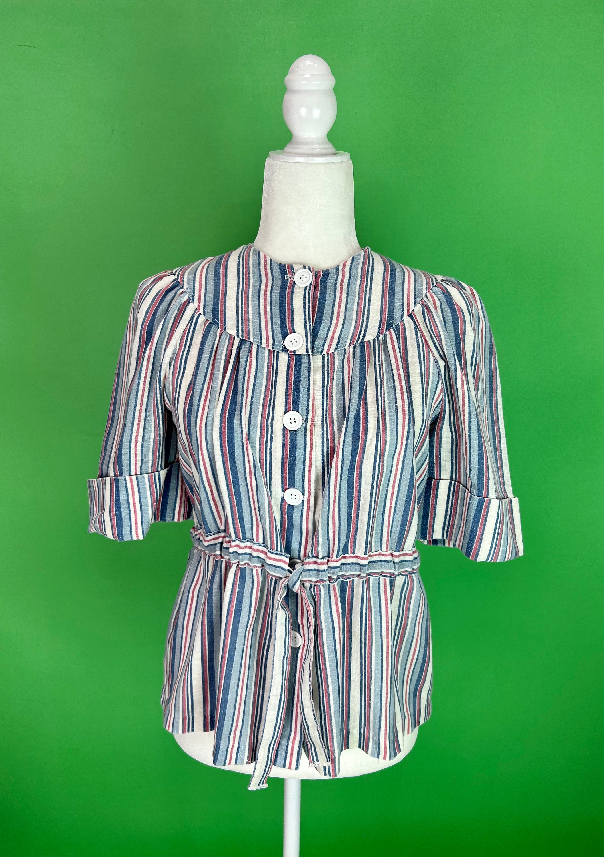 Vintage 70s Red White and Blue Striped Smock Top With Waist Vintage 70s Red White and Blue Striped Smock Top With Waist