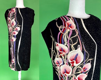 Robe noire vintage en forme de lys calla - Taille Petit | Robe noire à fleurs vintage | Robe Lily Robe fleurie artistique Robe d'été Robe tropicale